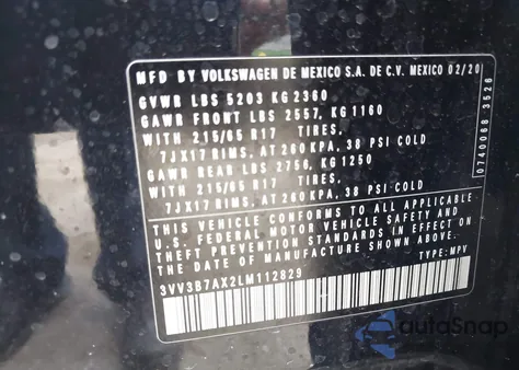 2020 Volkswagen Tiguan 2.0T Se/2.0T Se R-Line Black/2.0T Sel z USA, uszkodzony, nr VIN 3VV3B7AX2LM112829